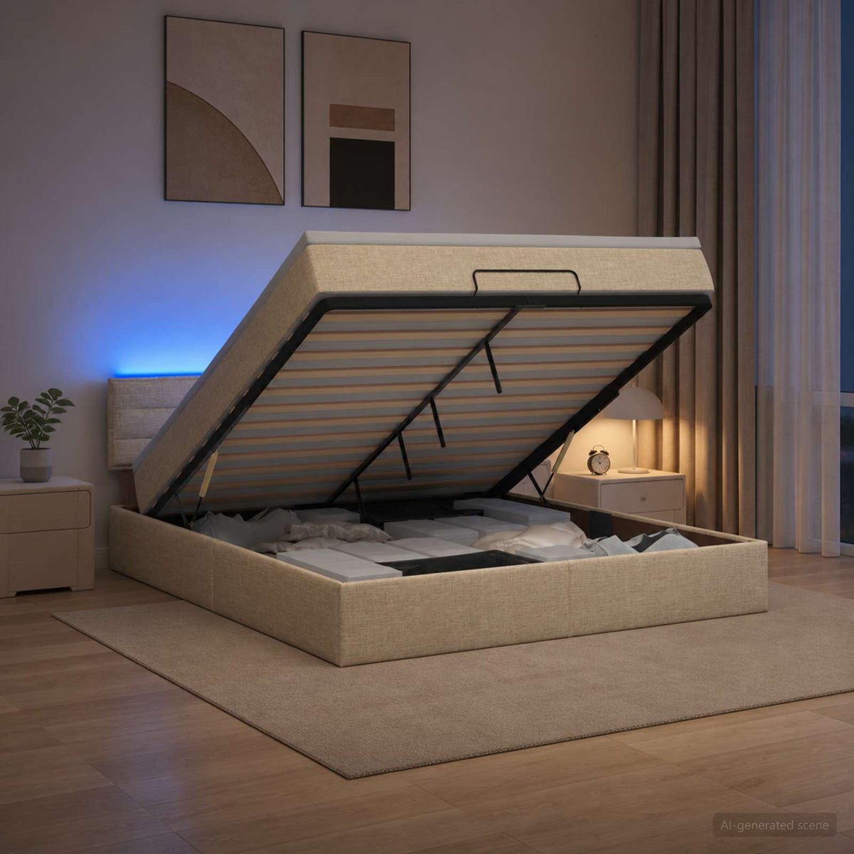 Ottoman seng med madras og LED Cremefarvet 140 x 200 cm Stof