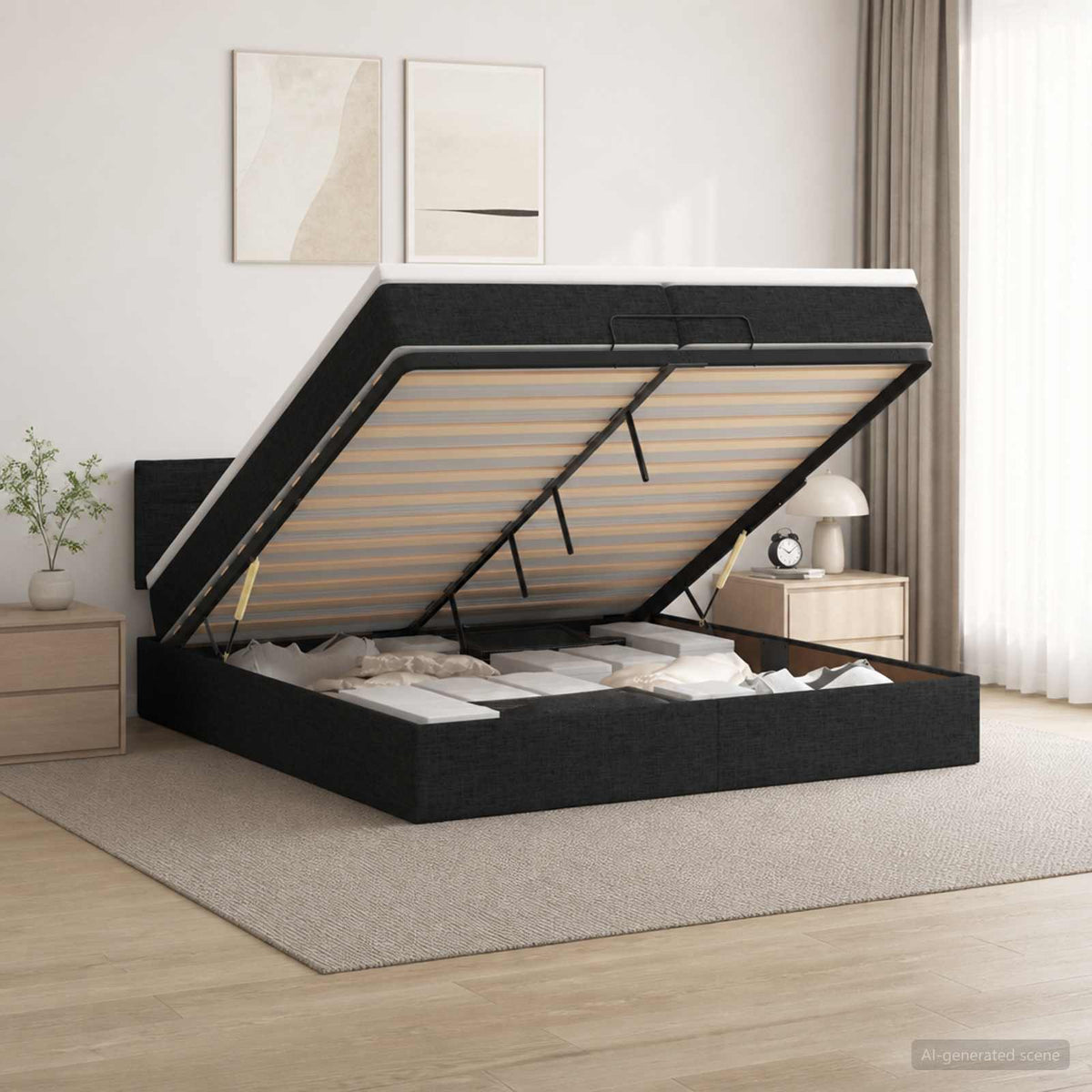 Ottoman seng med madras og LED Sort 200 x 200 cm Stof