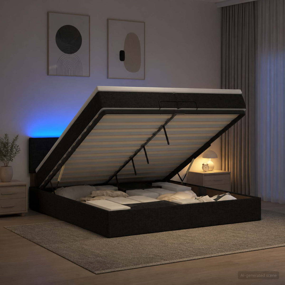 Ottoman seng med madras og LED Sort 200 x 200 cm Stof