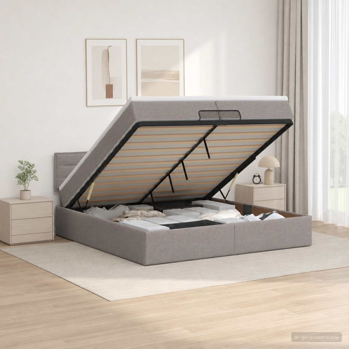 Ottoman seng med madras og LED Gråbrun 200 x 200 cm Stof