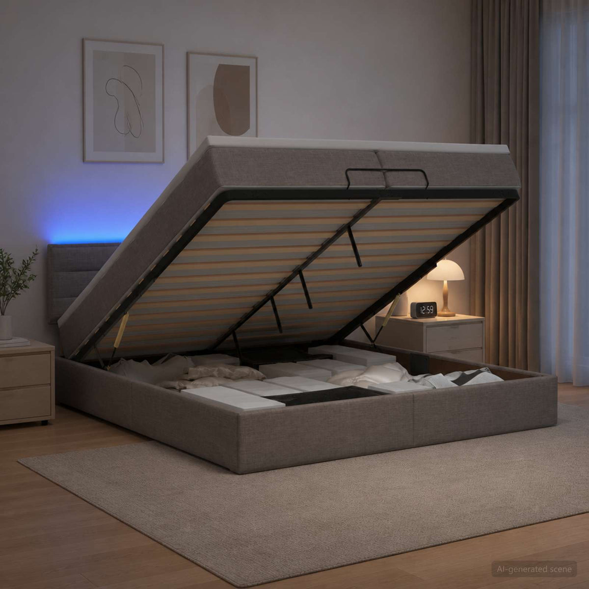 Ottoman seng med madras og LED Gråbrun 200 x 200 cm Stof