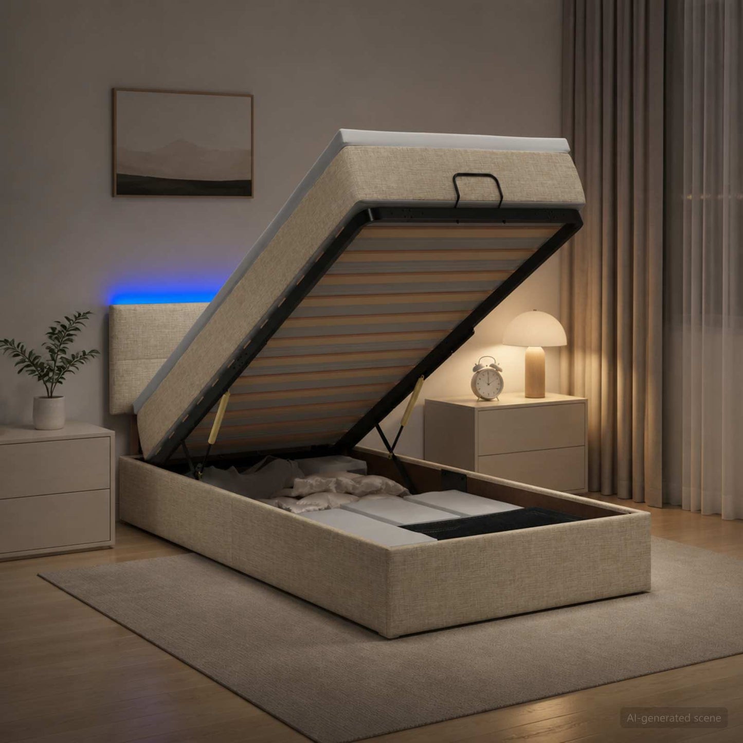Ottoman seng med madras og LED Cremefarvet 90 x 200 cm Stof