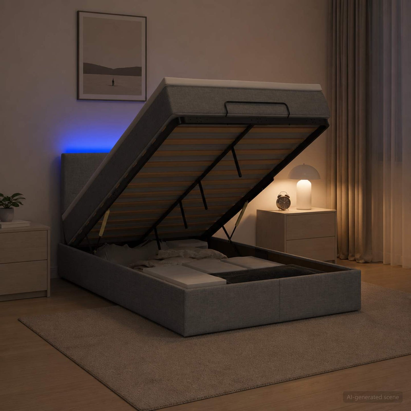 Ottoman seng med madras og LED Lysegrå 120 x 190 cm Stof