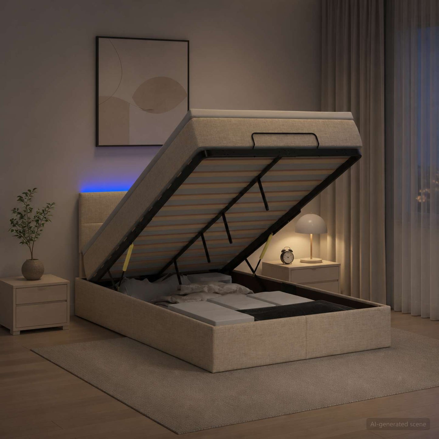 Ottoman seng med madras og LED Cremefarvet 120 x 190 cm Stof