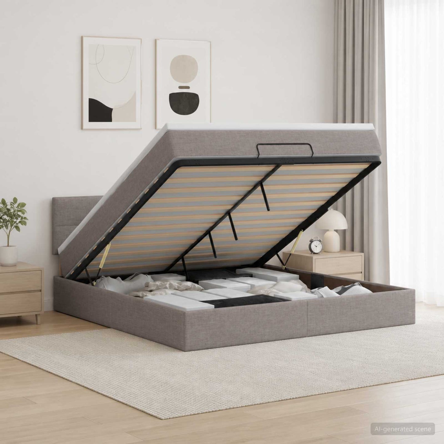 Ottoman seng med madras og LED Gråbrun 140 x 200 cm Stof