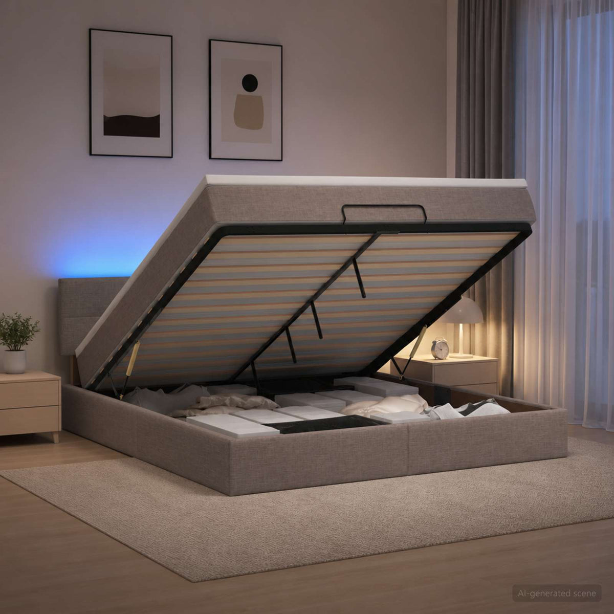 Ottoman seng med madras og LED Gråbrun 140 x 200 cm Stof