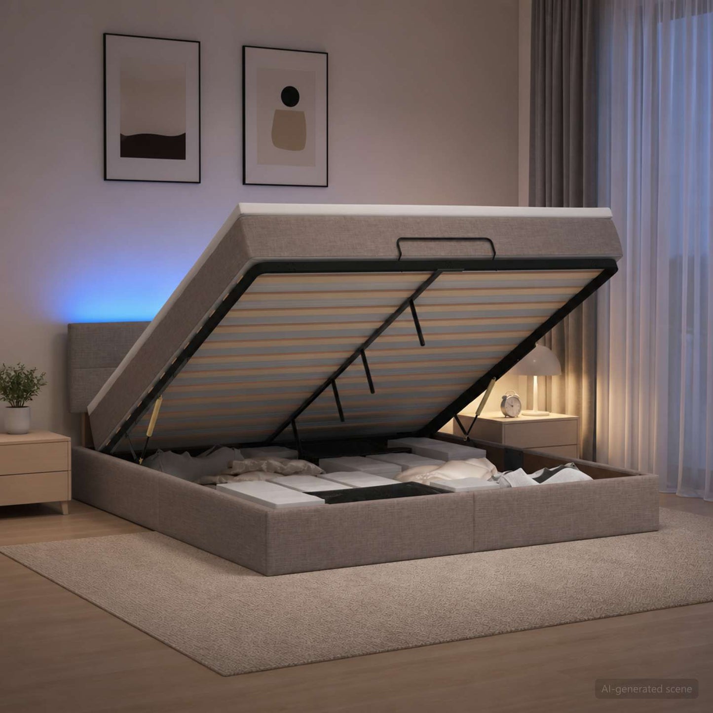 Ottoman seng med madras og LED Gråbrun 180 x 200 cm Stof