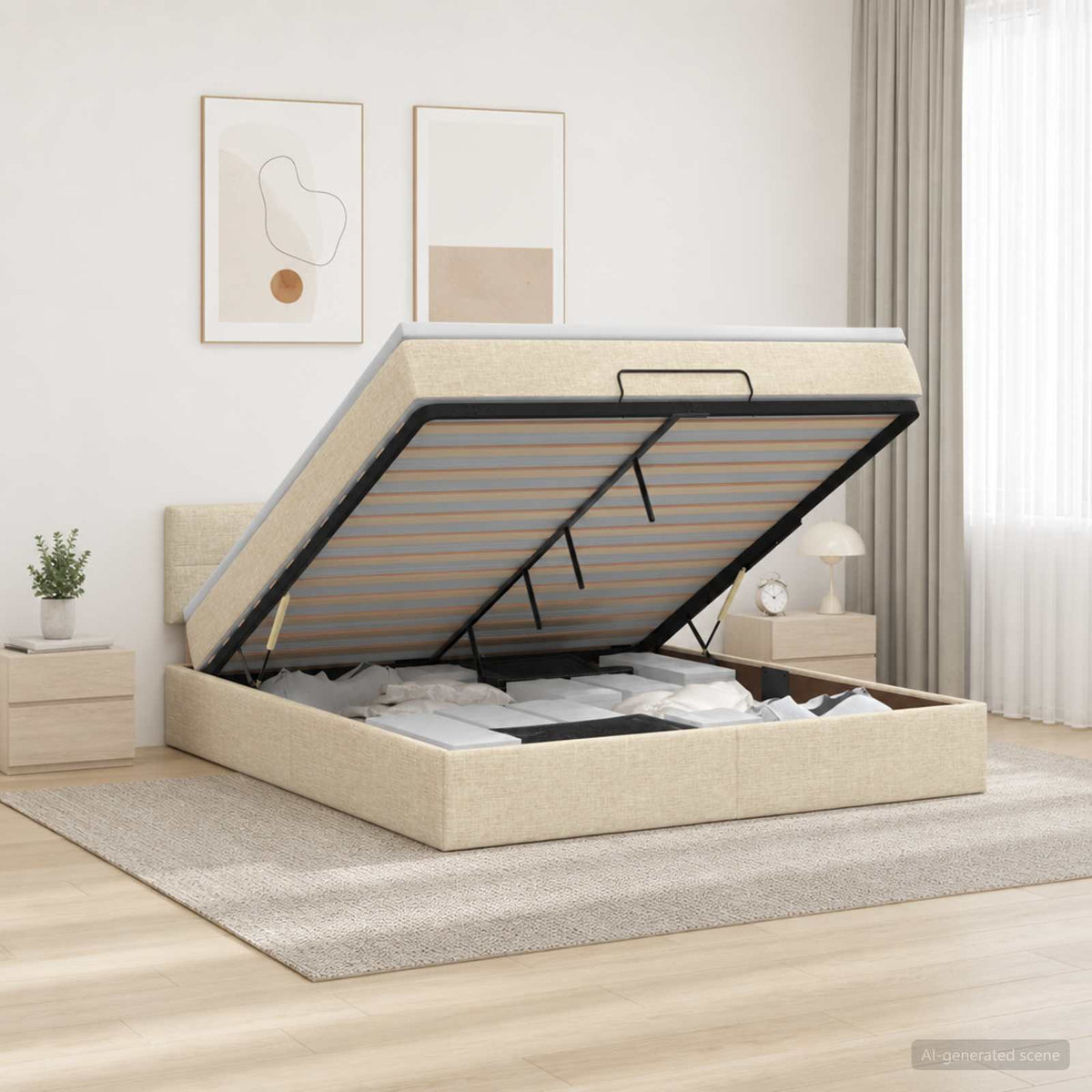 Ottoman seng med madras og LED Cremefarvet 160 x 200 cm Stof