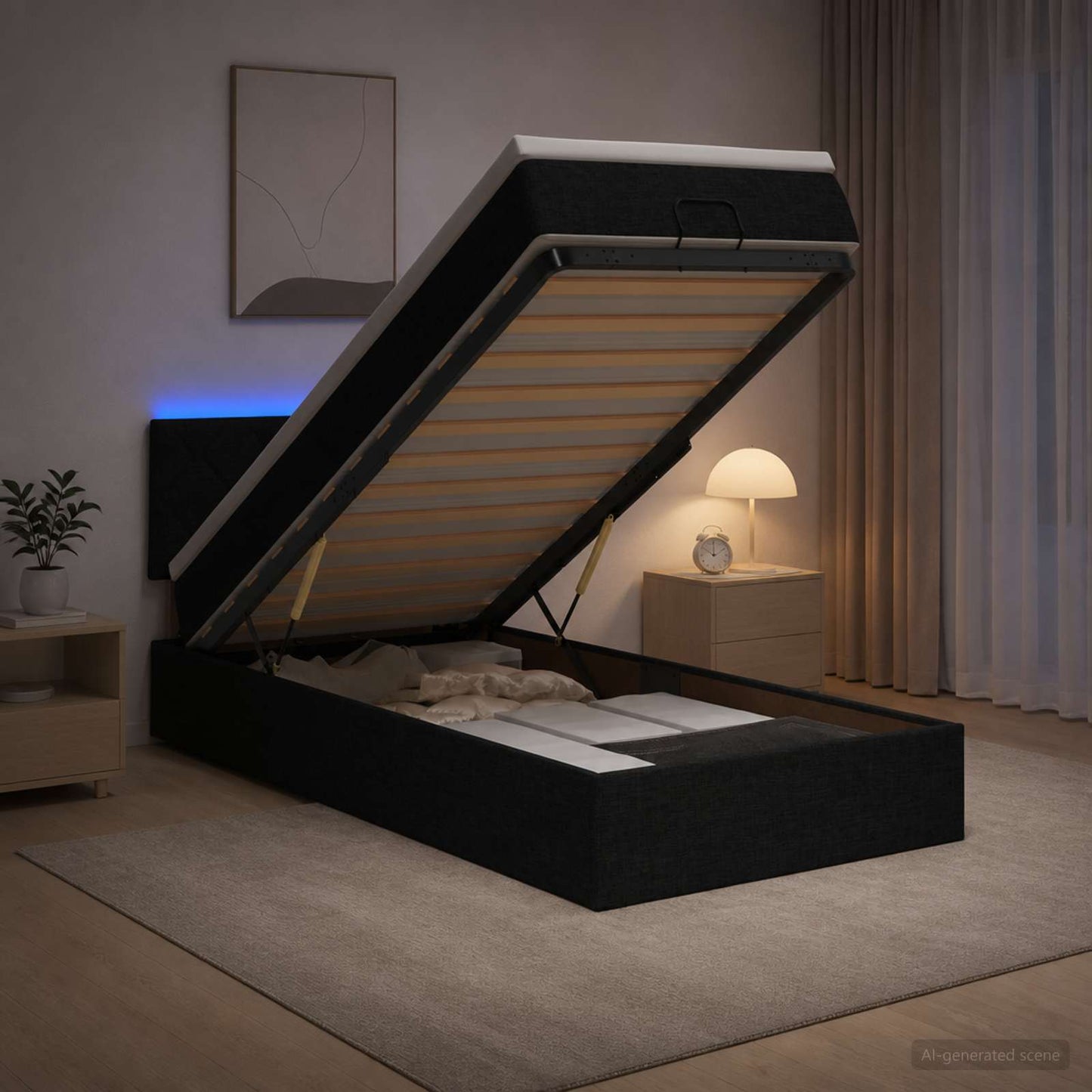 Ottoman seng med madras og LED Sort 80 x 200 cm Stof