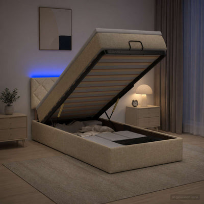 Ottoman seng med madras og LED Cremefarvet 90 x 200 cm Stof