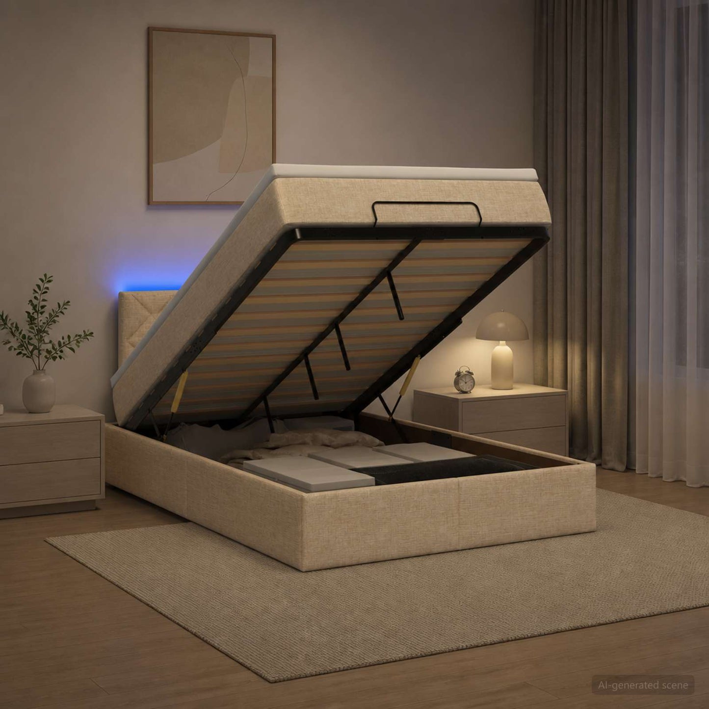 Ottoman seng med madras og LED Cremefarvet 120 x 200 cm Stof