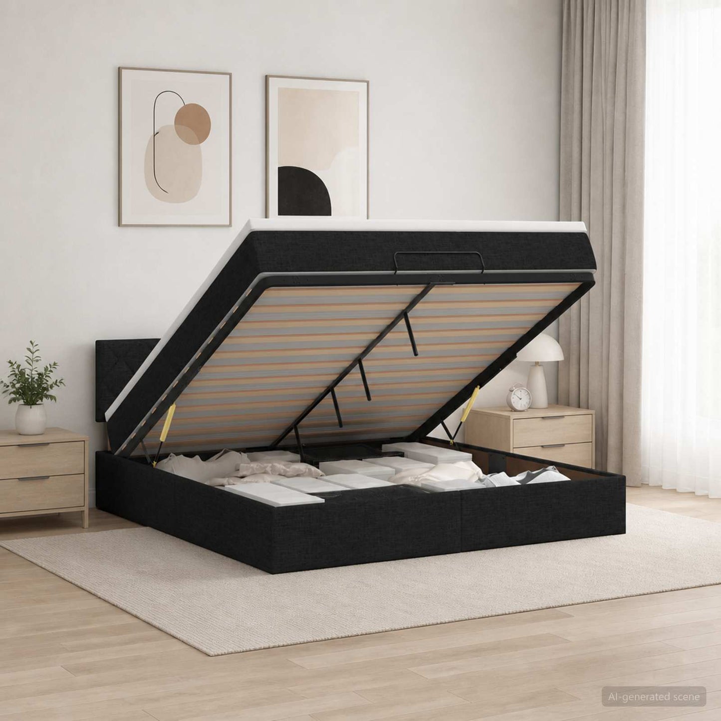 Ottoman seng med madras og LED Sort 140 x 200 cm Stof