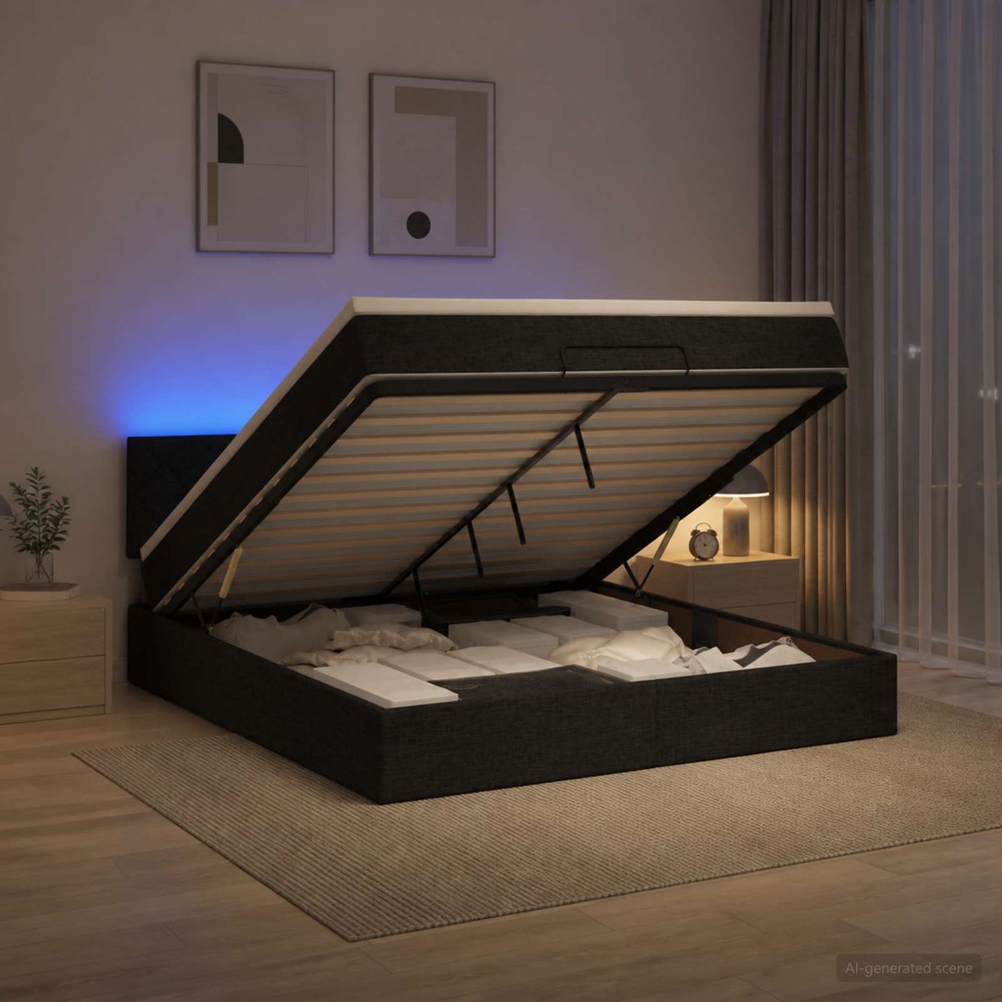 Ottoman seng med madras og LED Sort 180 x 200 cm Stof