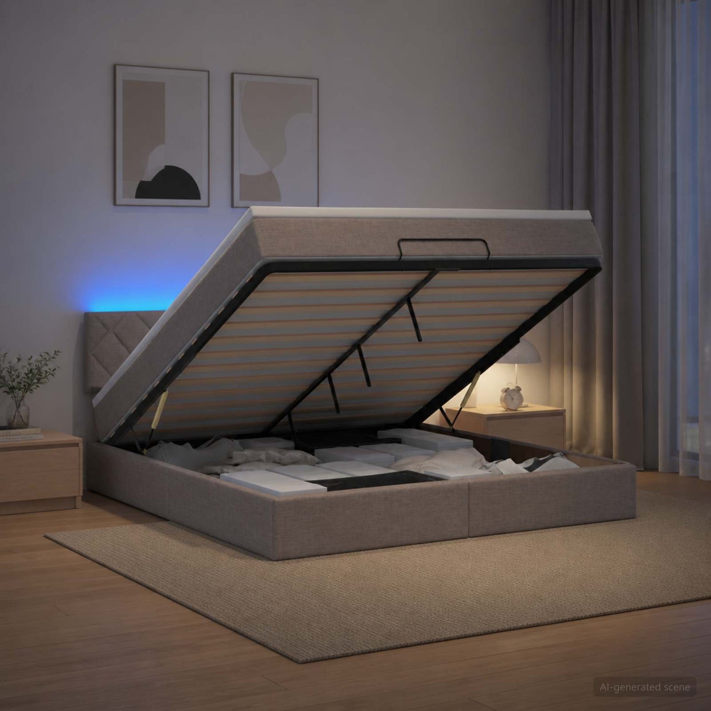 Ottoman seng med madras og LED Gråbrun 140 x 190 cm Stof