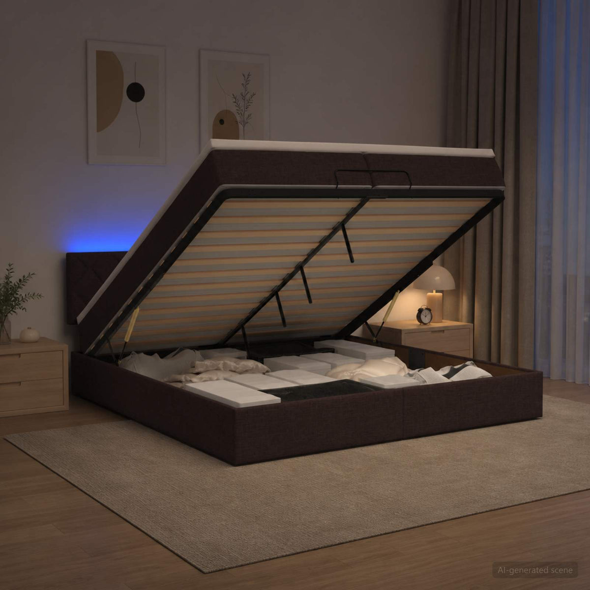 Ottoman seng med madras og LED Mørk Brun 200 x 200 cm Stof