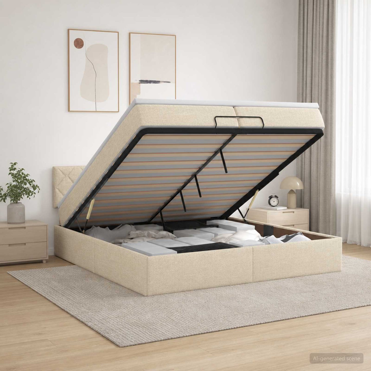 Ottoman seng med madras og LED Cremefarvet 200 x 200 cm Stof