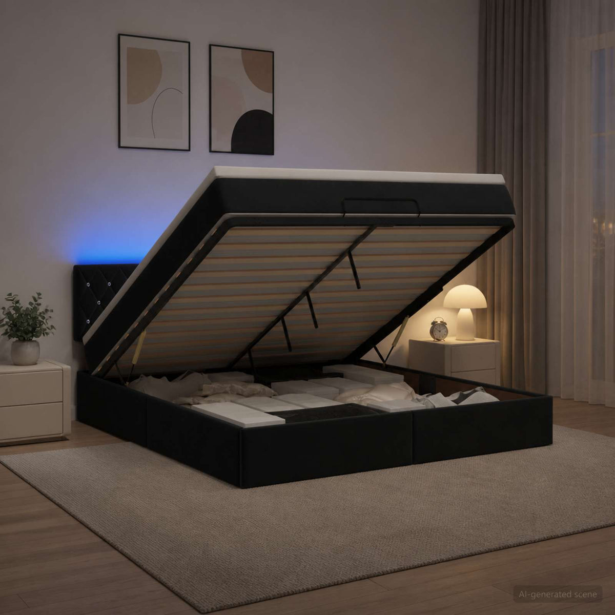 Ottoman seng med madras og LED Sort 140 x 190 cm Velour