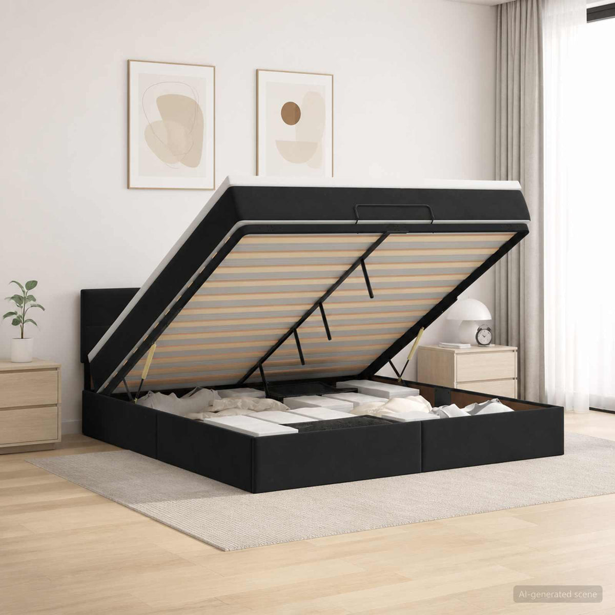 Ottoman seng med madras og LED Sort 140 x 200 cm Velour