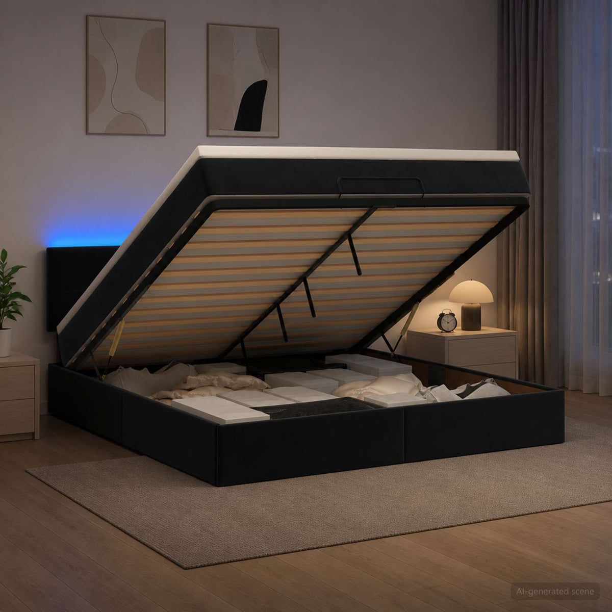 Ottoman seng med madras og LED Sort 140 x 200 cm Velour