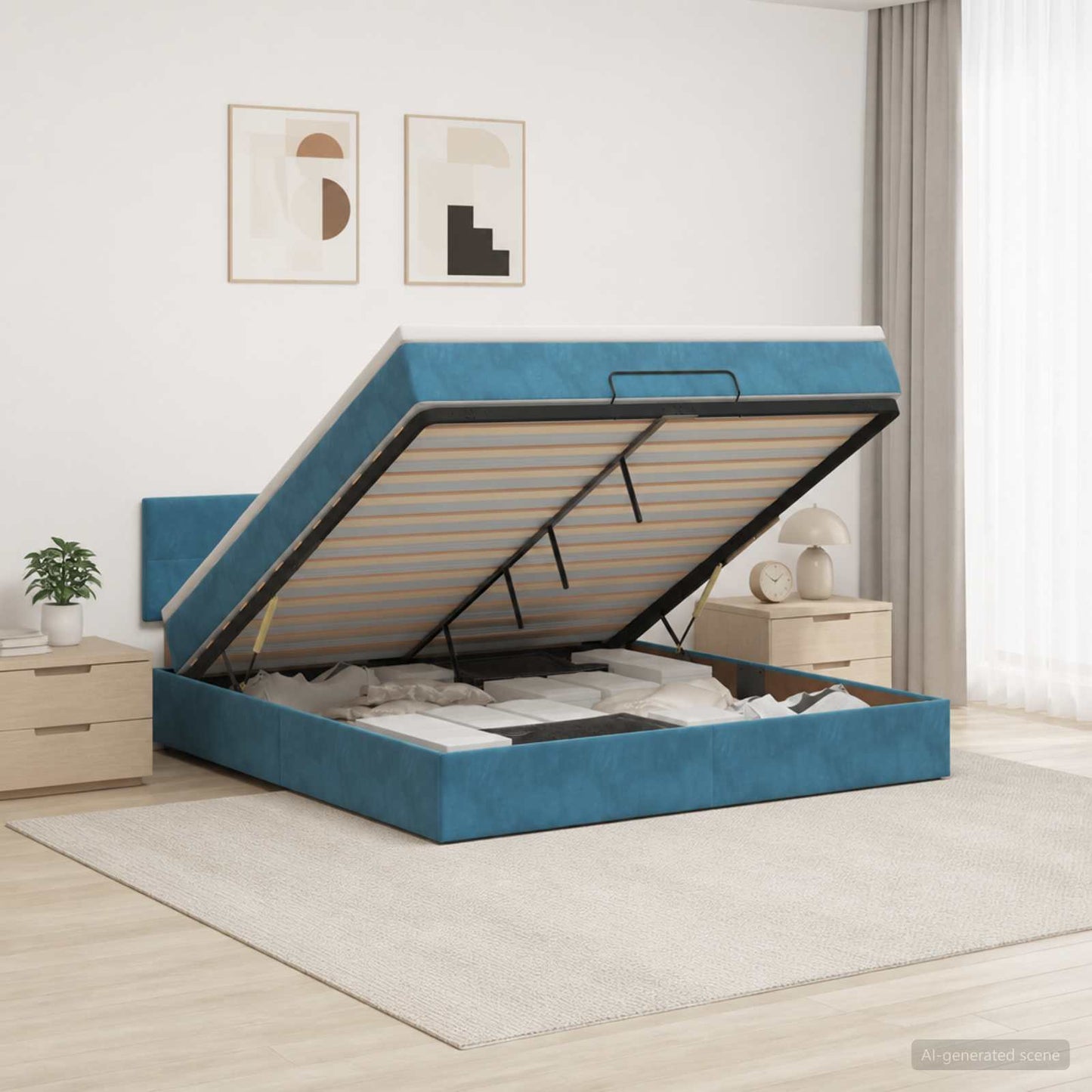 Ottoman seng med madras og LED Mørkeblå 140 x 190 cm Velour