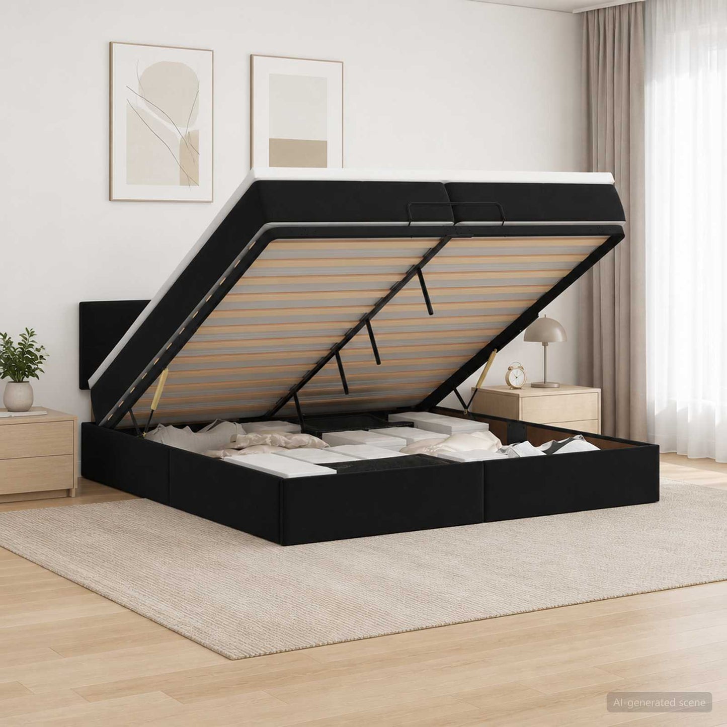 Ottoman seng med madras og LED Sort 200 x 200 cm Velour