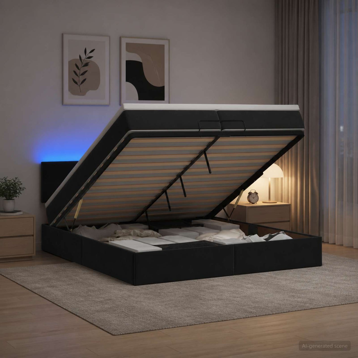 Ottoman seng med madras og LED Sort 200 x 200 cm Velour