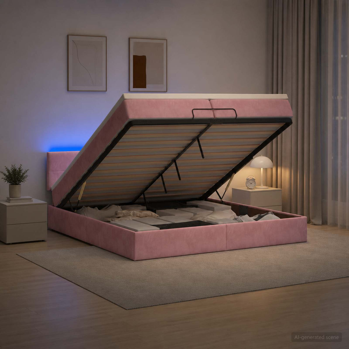 Ottoman seng med madras og LED Lyserød 200 x 200 cm Velour