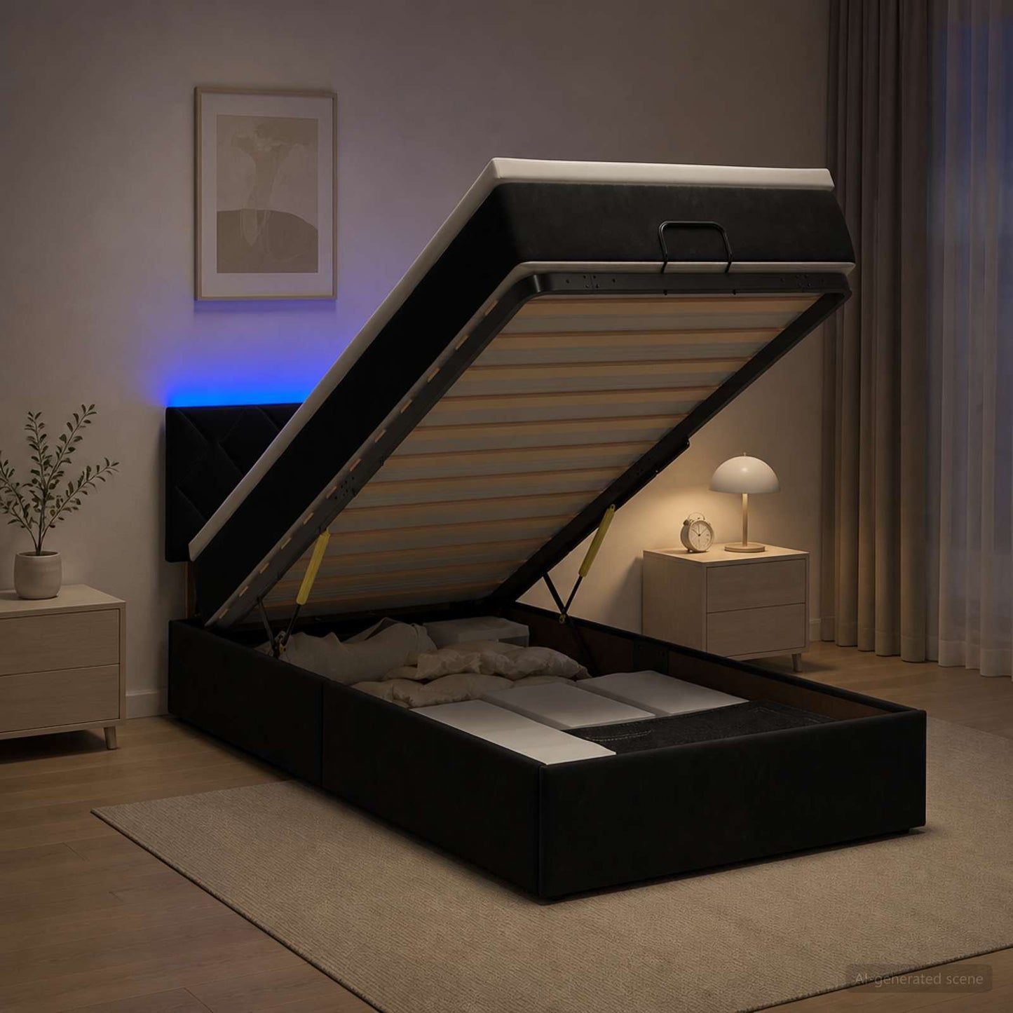 Ottoman seng med madras og LED Sort 90 x 190 cm Velour
