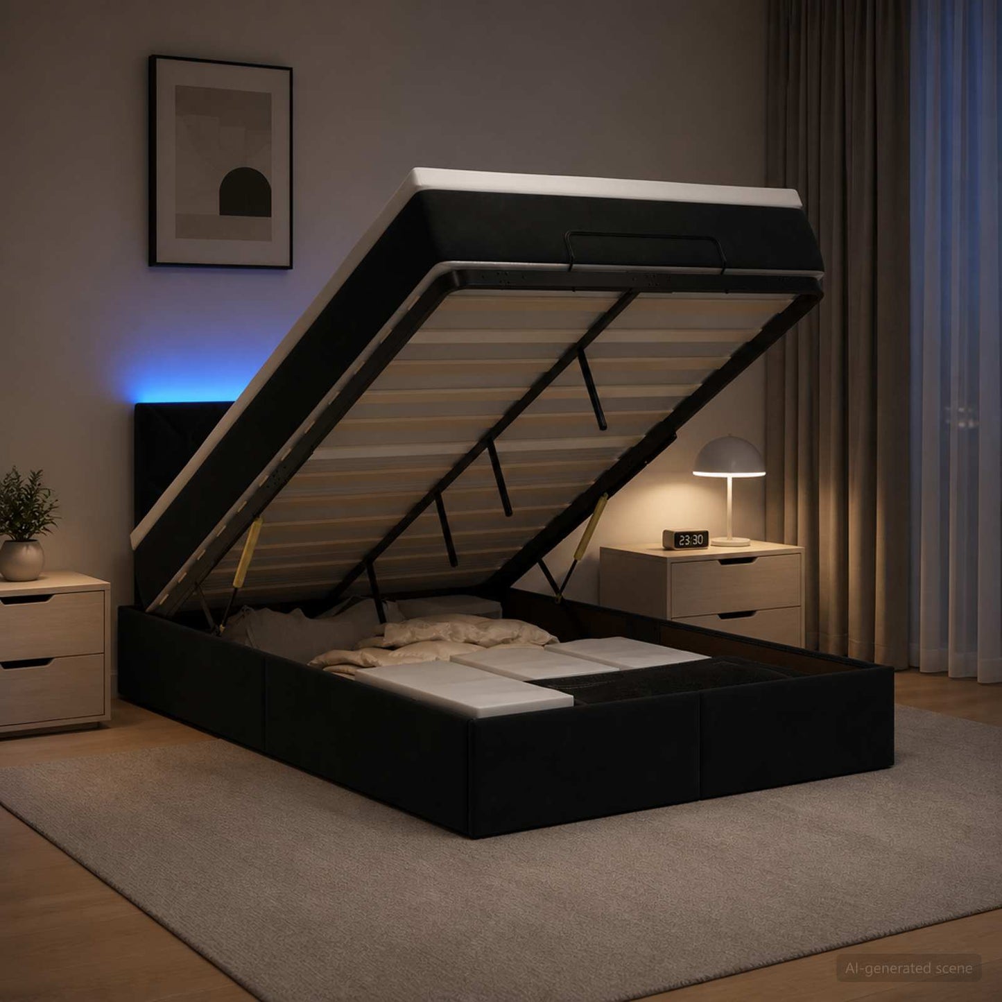 Ottoman seng med madras og LED Sort 120 x 190 cm Velour