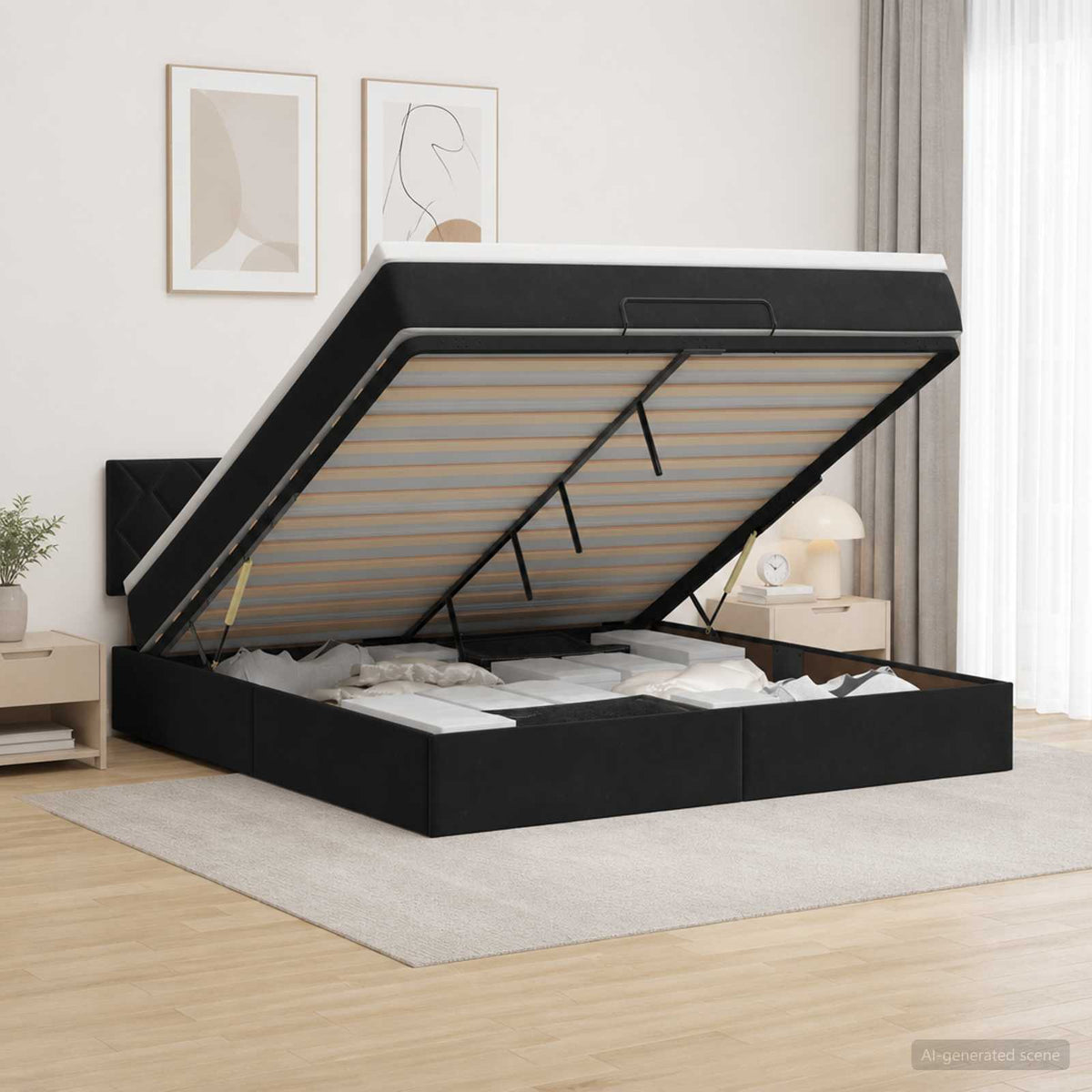 Ottoman seng med madras og LED Sort 140 x 200 cm Velour