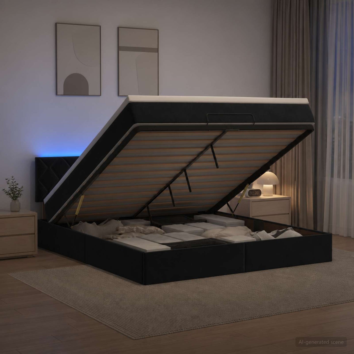 Ottoman seng med madras og LED Sort 140 x 200 cm Velour