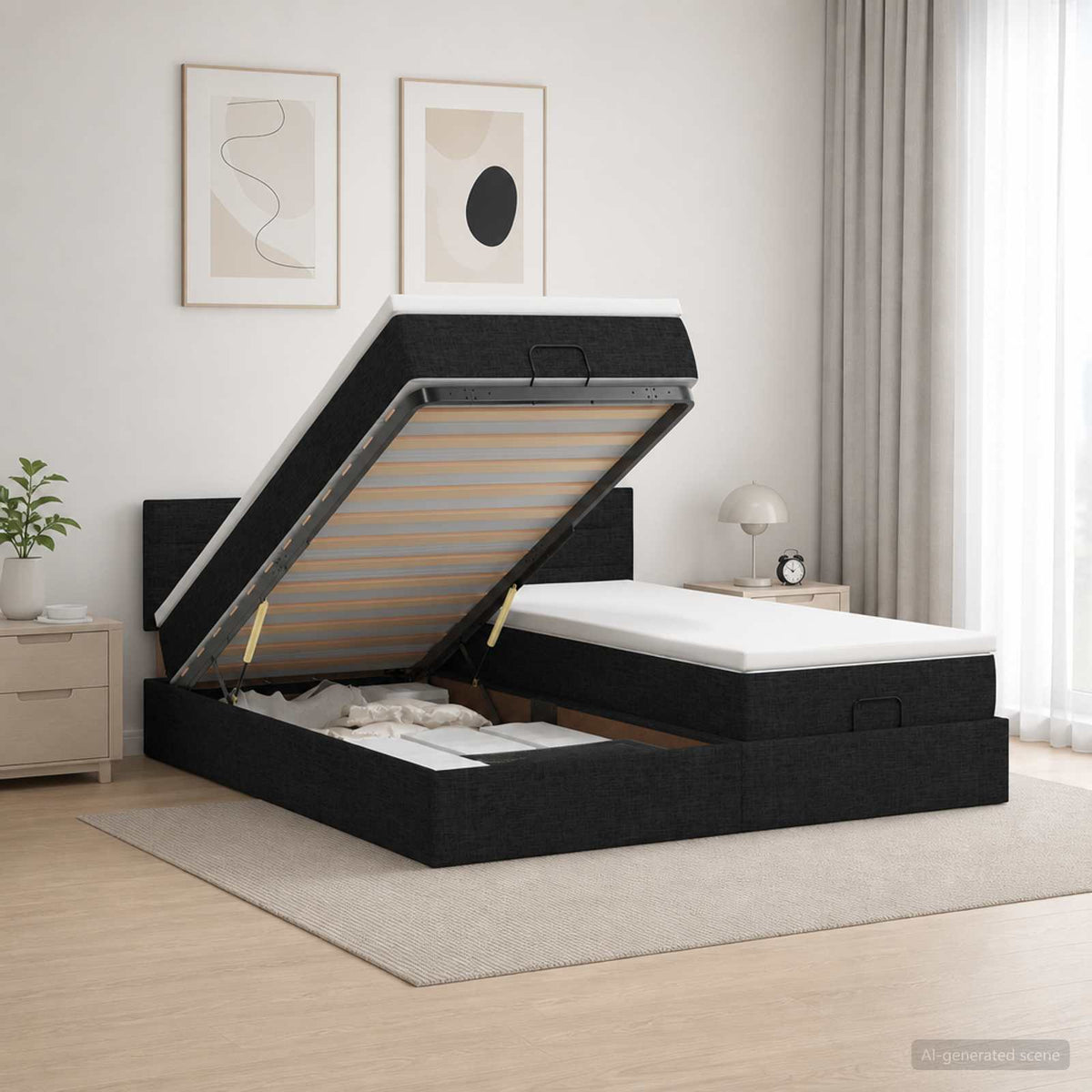 Ottoman seng med madras og LED Sort 200 x 200 cm Stof