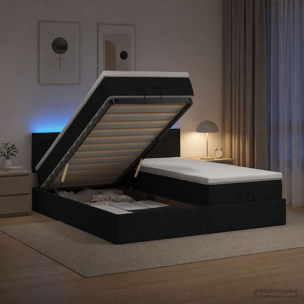 Ottoman seng med madras og LED Sort 180 x 200 cm Stof