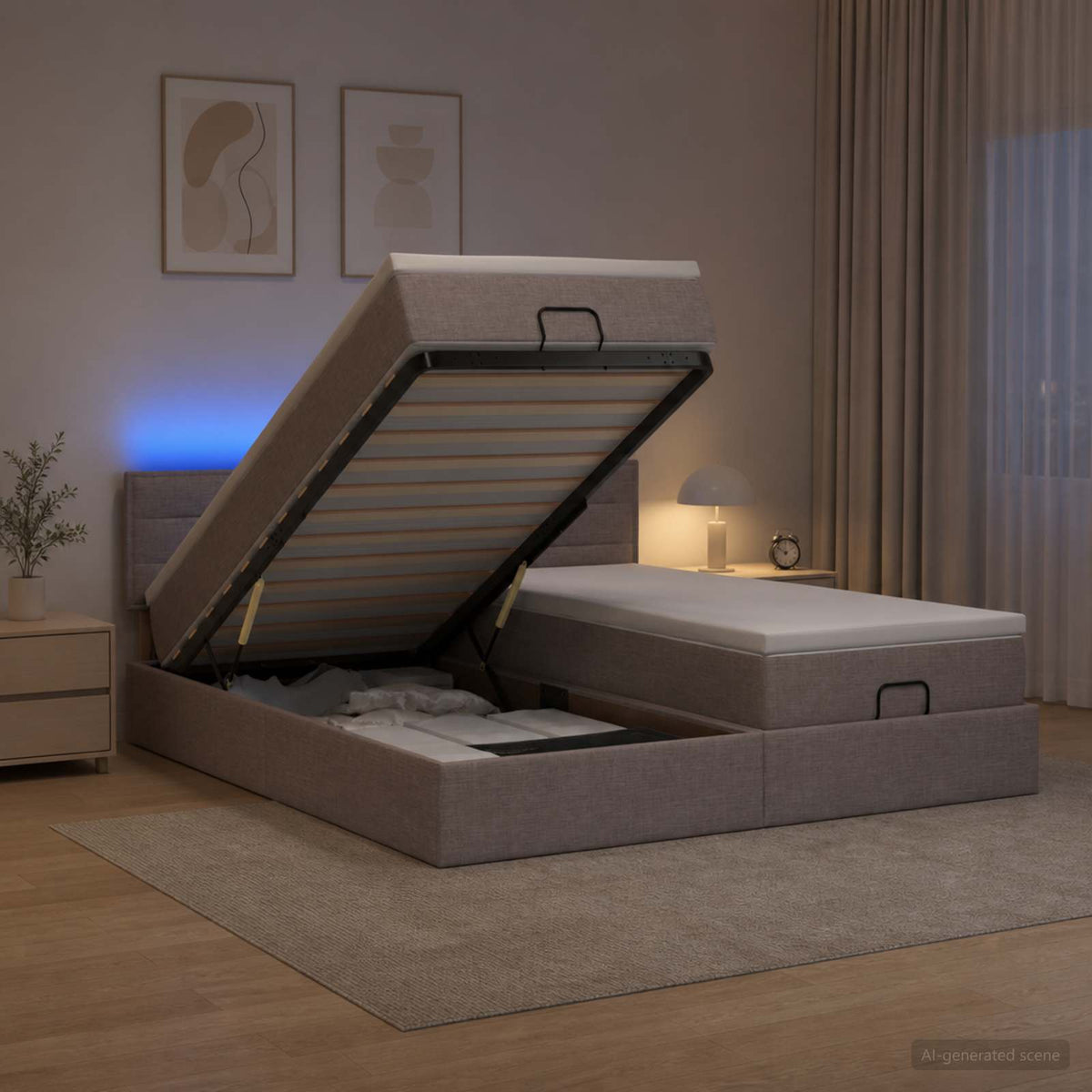Ottoman seng med madras og LED Gråbrun 160 x 200 cm Stof