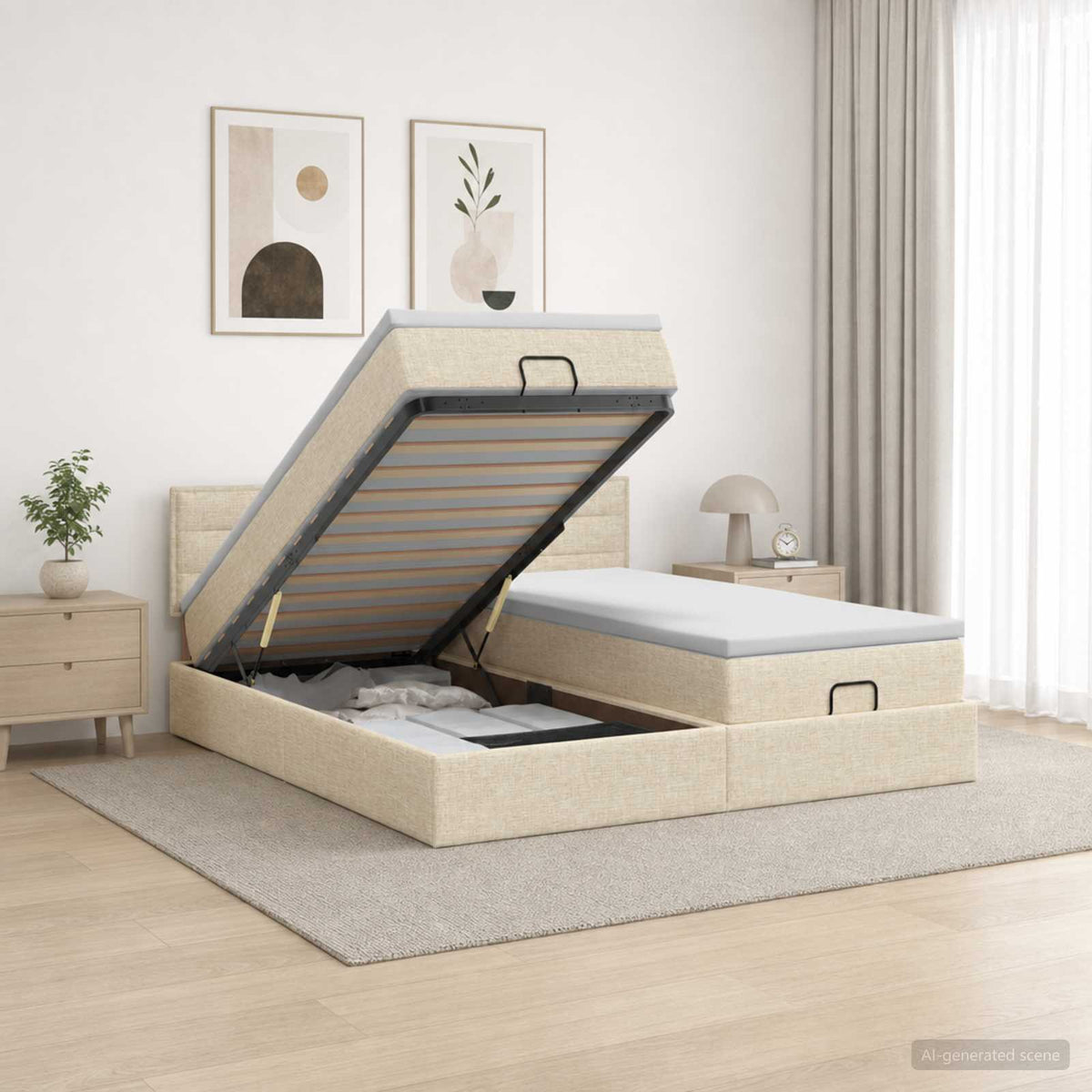 Ottoman seng med madras og LED Cremefarvet 200 x 200 cm Stof
