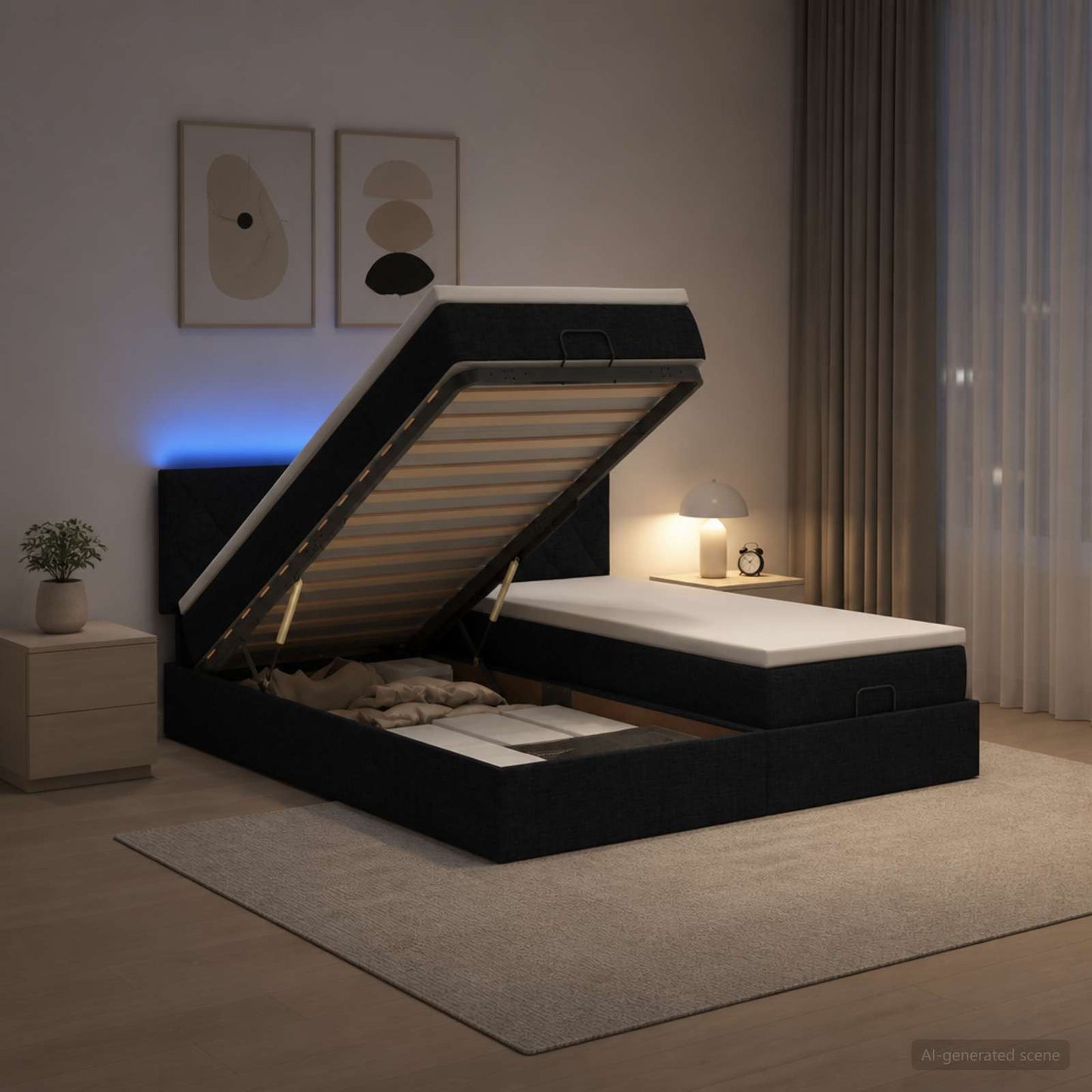 Ottoman seng med madras og LED Sort 200 x 200 cm Stof