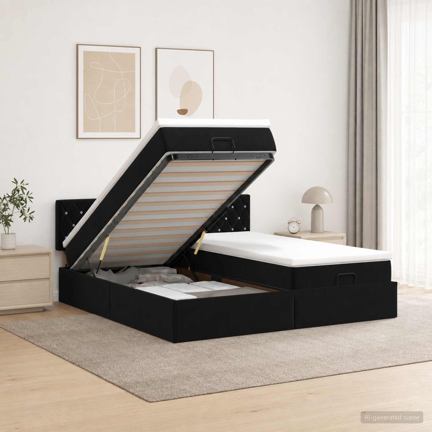 Ottoman seng med madras og LED Sort 180 x 200 cm Velour