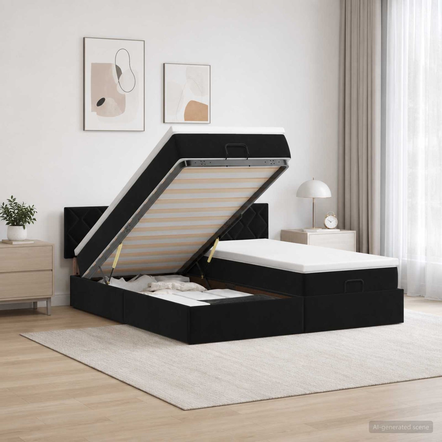 Ottoman seng med madras og LED Sort 200 x 200 cm Velour