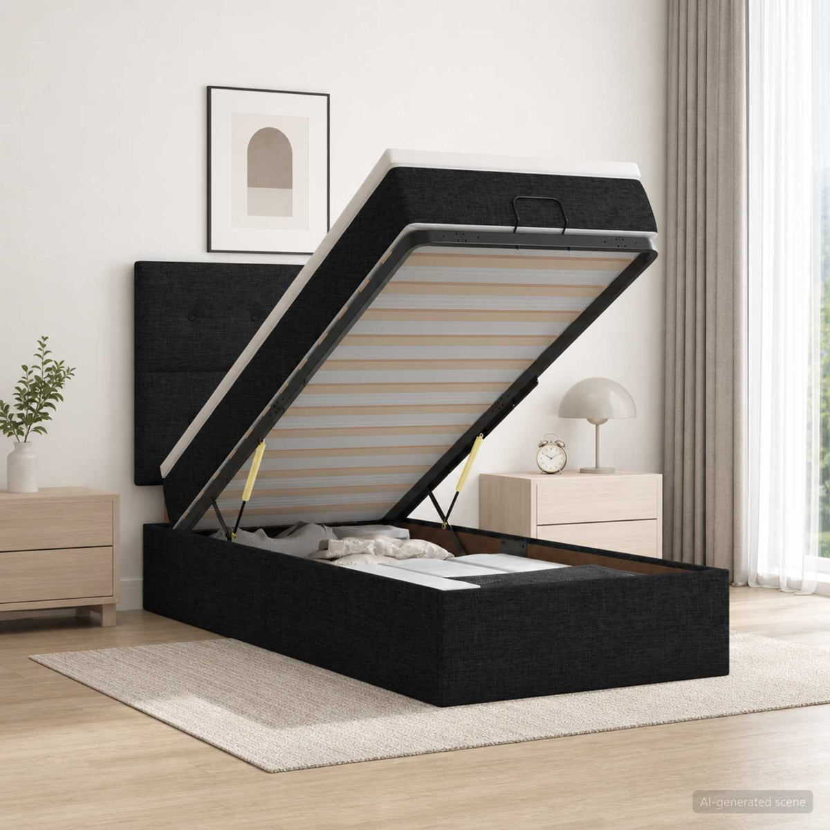 Ottoman seng med madras og LED Sort 80 x 200 cm Stof