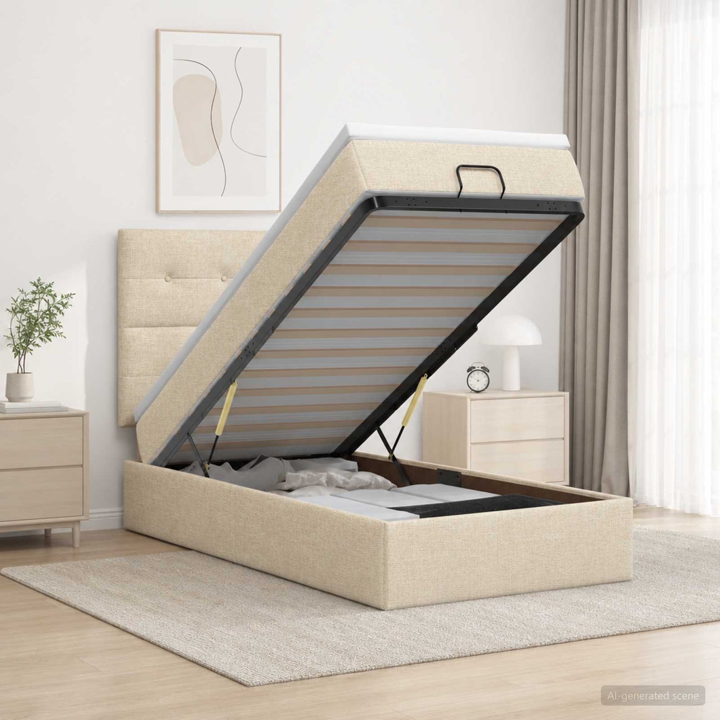 Ottoman seng med madras og LED Cremefarvet 90 x 190 cm Stof