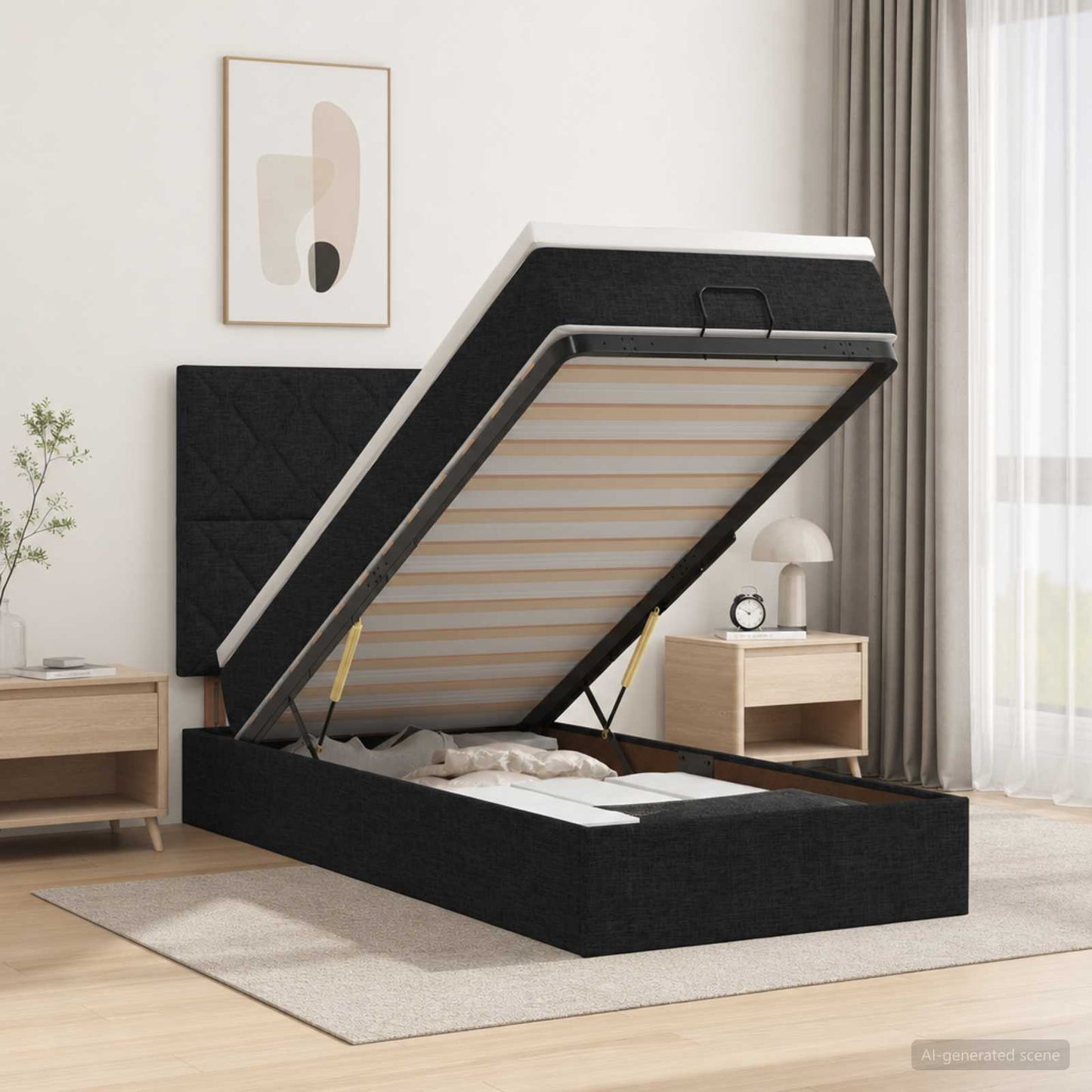Ottoman seng med madras og LED Sort 100 x 200 cm Stof