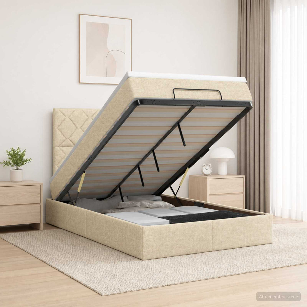 Ottoman seng med madras og LED Cremefarvet 120 x 190 cm Stof