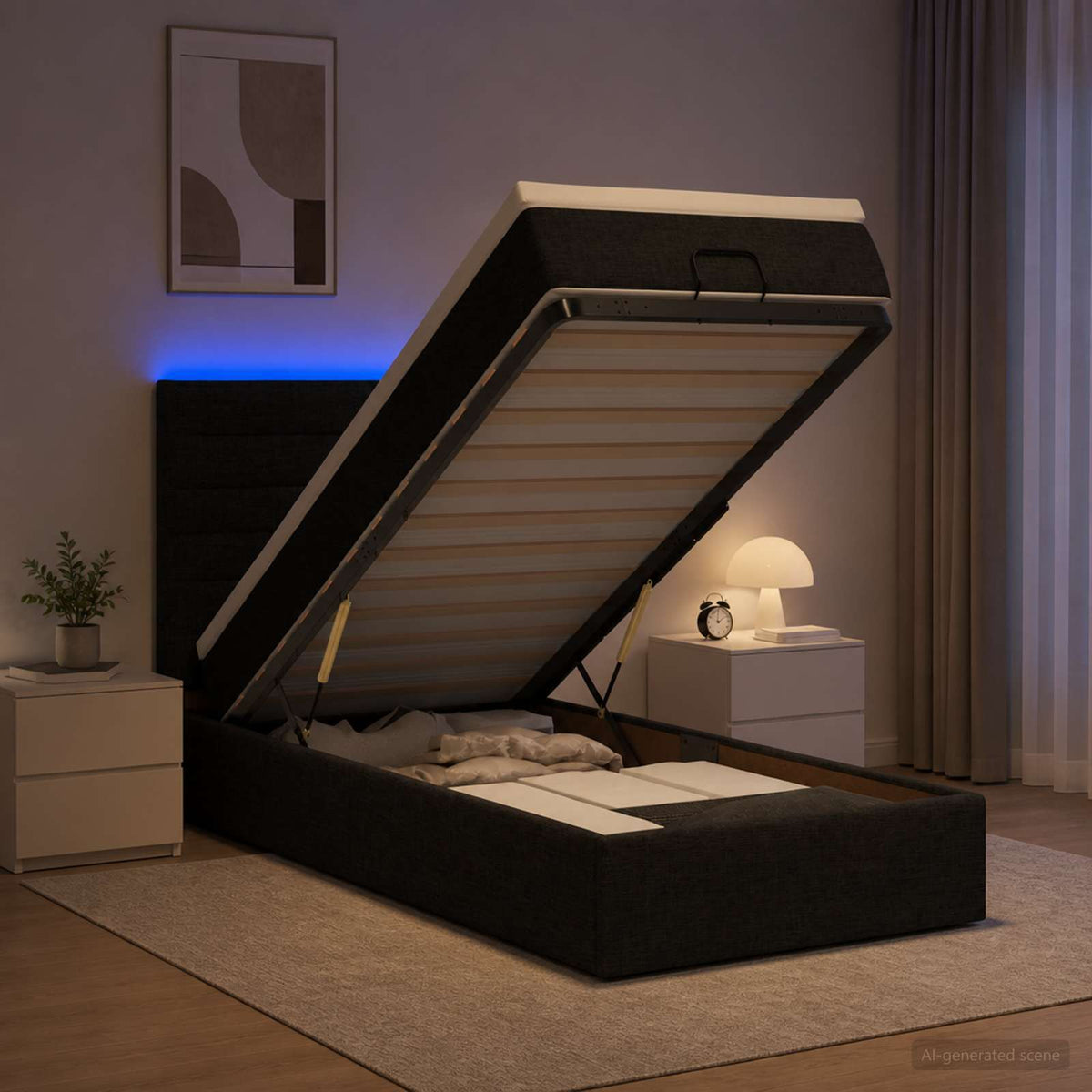 Ottoman seng med madras og LED Sort 100 x 200 cm Stof
