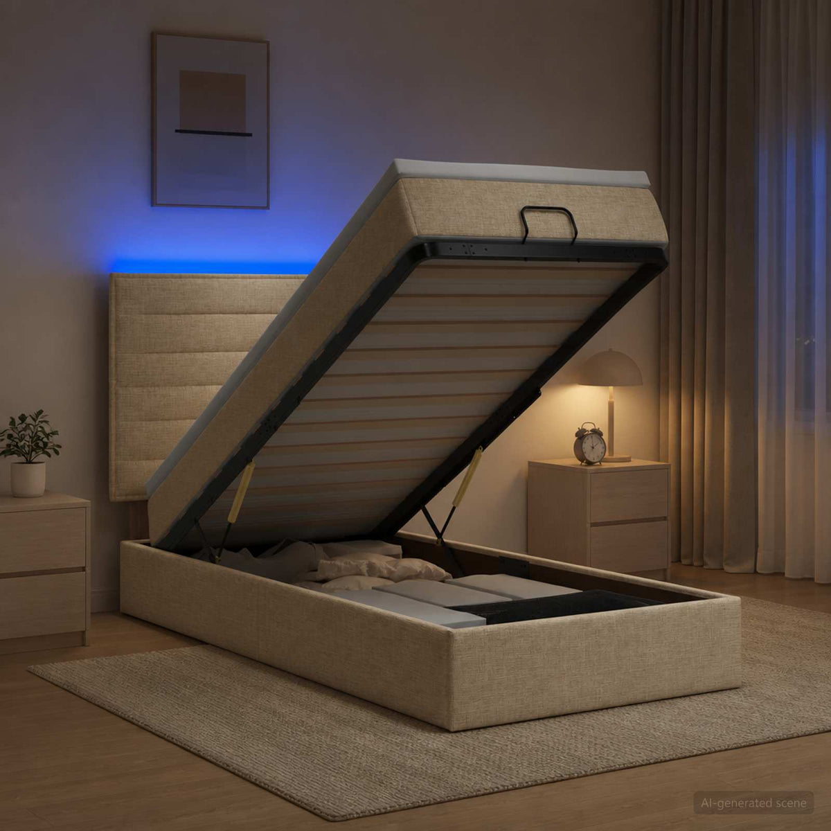 Ottoman seng med madras og LED Cremefarvet 100 x 200 cm Stof