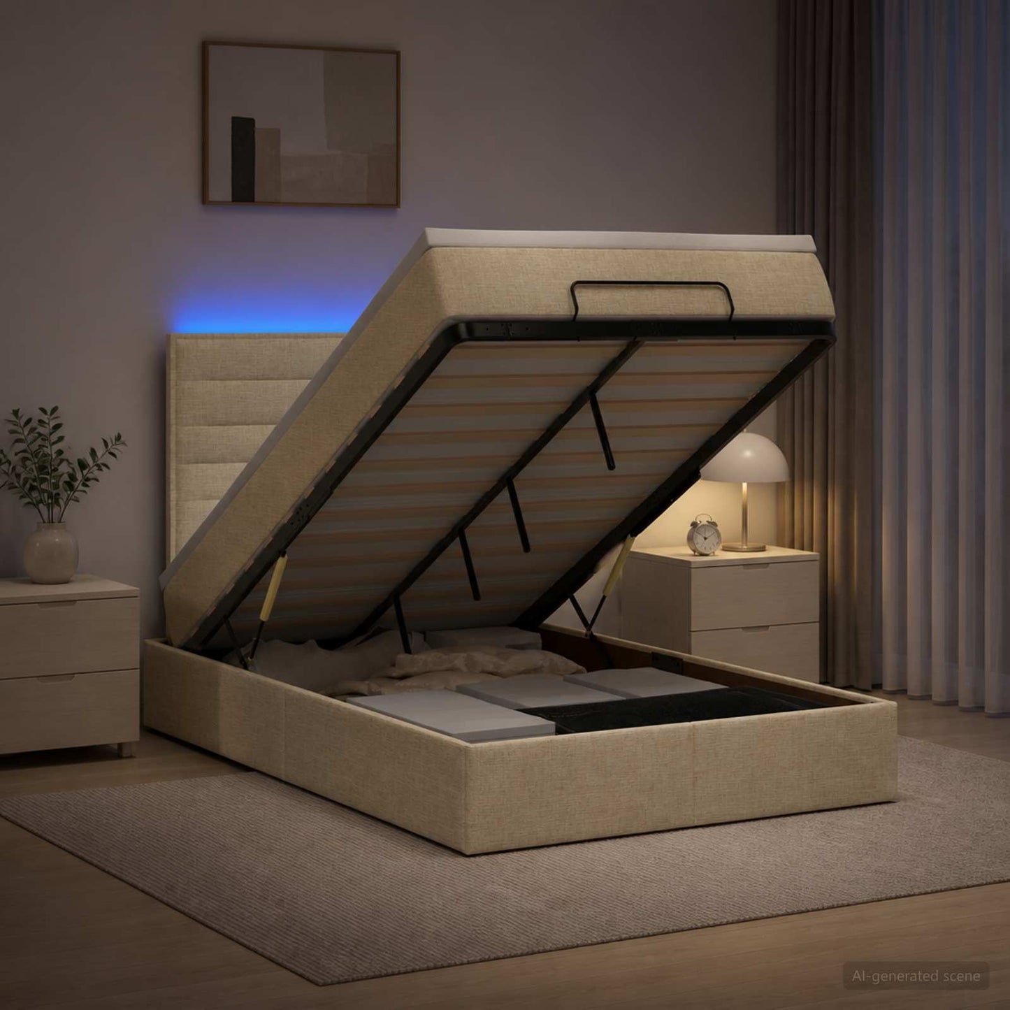 Ottoman seng med madras og LED Cremefarvet 120 x 190 cm Stof