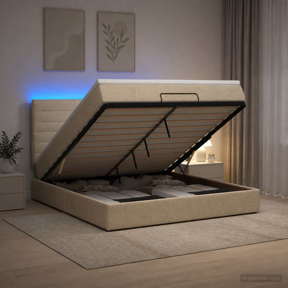 Ottoman seng med madras og LED Cremefarvet 180 x 200 cm Stof