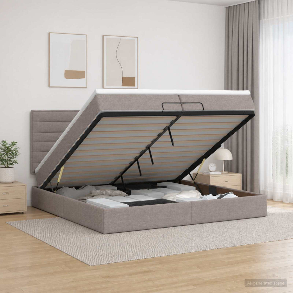Ottoman seng med madras og LED Gråbrun 200 x 200 cm Stof