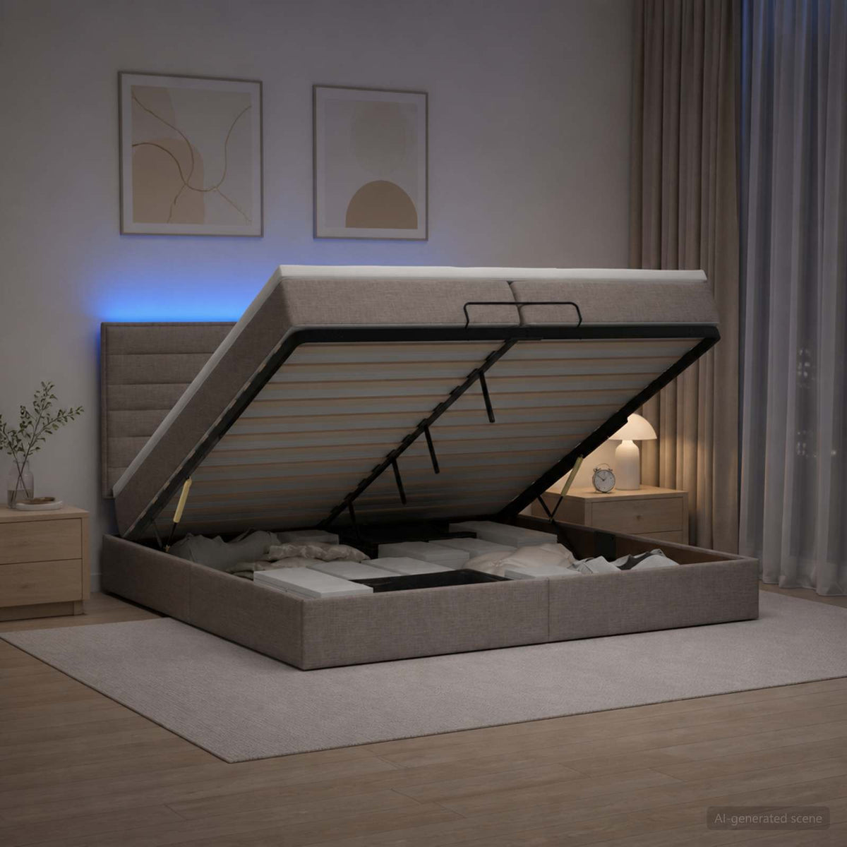 Ottoman seng med madras og LED Gråbrun 200 x 200 cm Stof