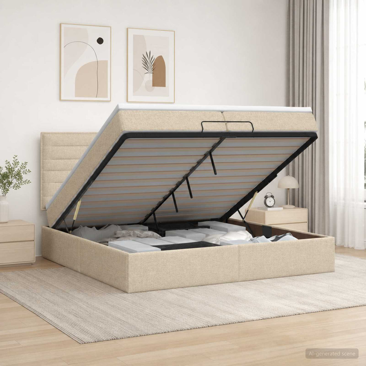 Ottoman seng med madras og LED Cremefarvet 200 x 200 cm Stof