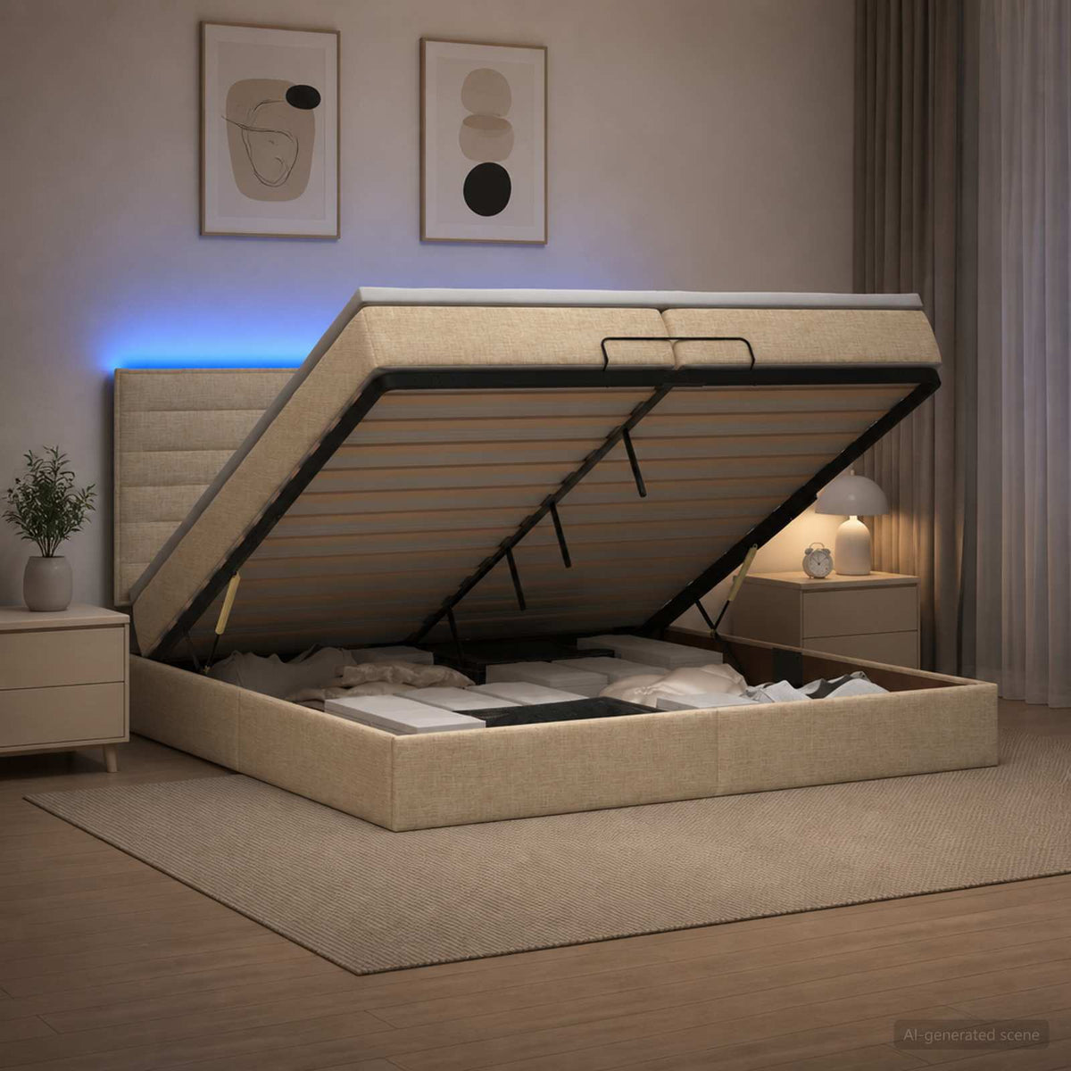 Ottoman seng med madras og LED Cremefarvet 200 x 200 cm Stof
